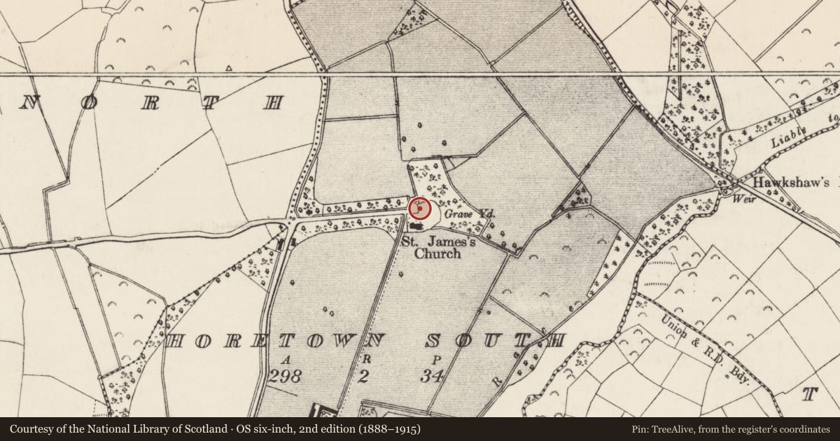 Ordnance Survey six-inch map, 2nd edition (1888–1915) covering the location of Church, Horetown South, County Wexford, with a pin at the register's coordinates