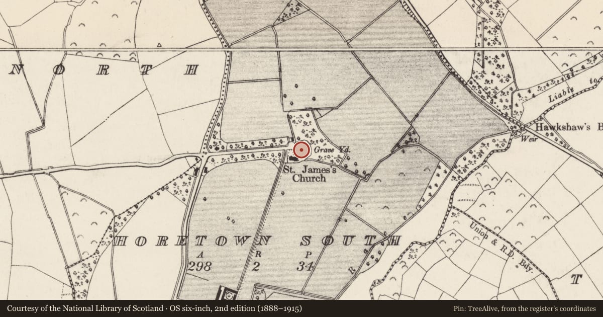 Ordnance Survey six-inch map, 2nd edition (1888–1915) covering the location of Graveyard, Horetown South, County Wexford, with a pin at the register's coordinates