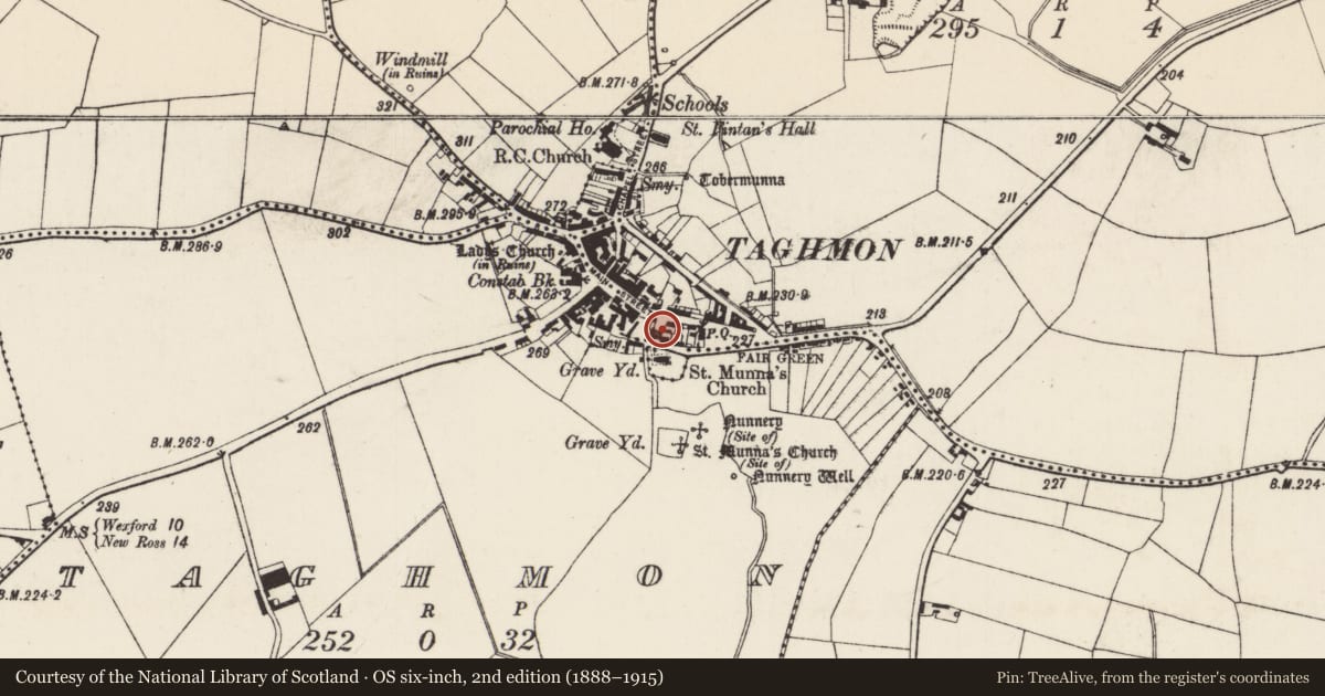 Ordnance Survey six-inch map, 2nd edition (1888–1915) covering the location of Castle - tower house, Poulmarl, County Wexford, with a pin at the register's coordinates