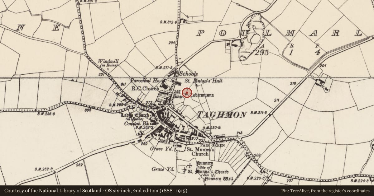 Ordnance Survey six-inch map, 2nd edition (1888–1915) covering the location of Ritual site - holy well, Poulmarl, County Wexford, with a pin at the register's coordinates