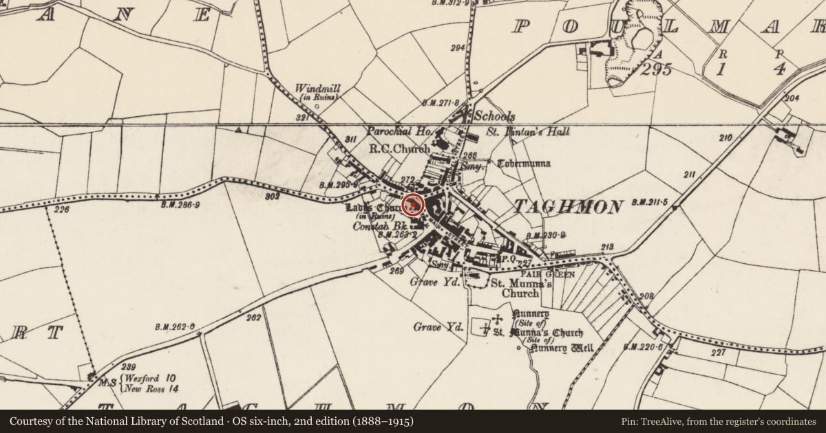 Ordnance Survey six-inch map, 2nd edition (1888–1915) covering the location of Church, Taghmon, County Wexford, with a pin at the register's coordinates