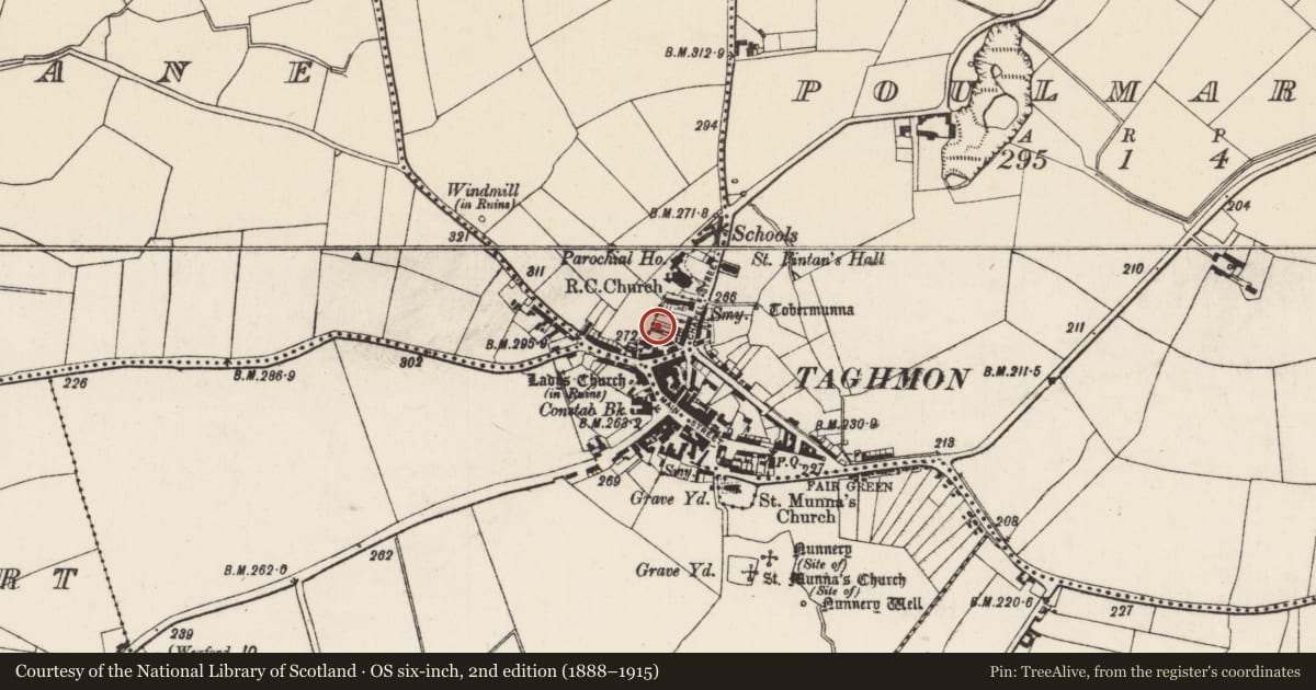 Ordnance Survey six-inch map, 2nd edition (1888–1915) covering the location of Field boundary, Cloghulatagh, County Wexford, with a pin at the register's coordinates
