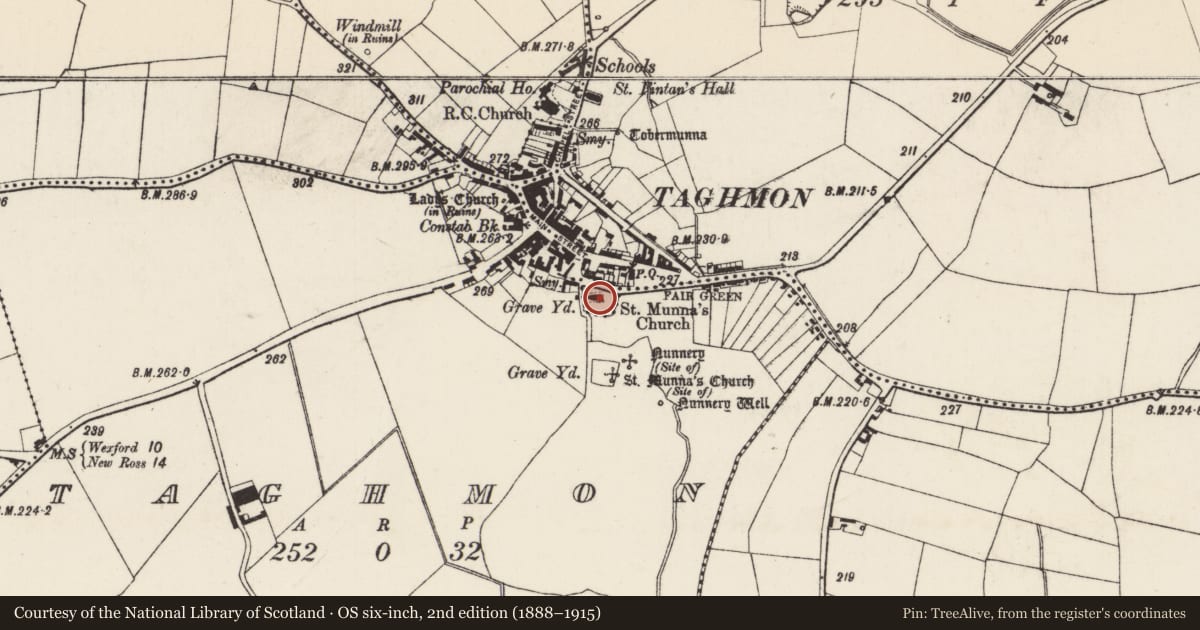 Ordnance Survey six-inch map, 2nd edition (1888–1915) covering the location of Graveyard, Taghmon, County Wexford, with a pin at the register's coordinates