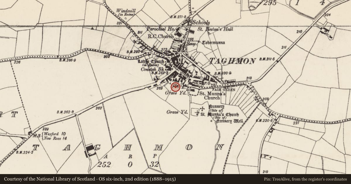 Ordnance Survey six-inch map, 2nd edition (1888–1915) covering the location of Excavation - miscellaneous, Taghmon, County Wexford, with a pin at the register's coordinates