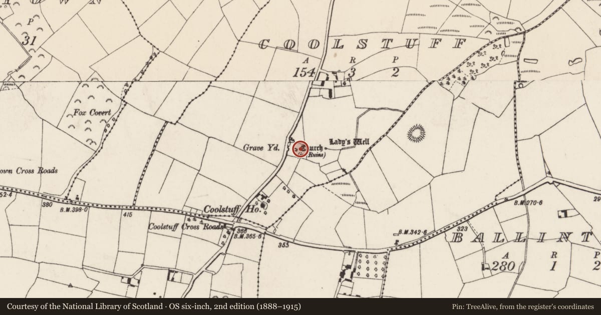 Ordnance Survey six-inch map, 2nd edition (1888–1915) covering the location of Graveyard, Coolstuff, County Wexford, with a pin at the register's coordinates
