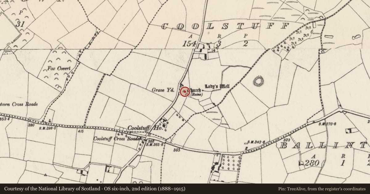 Ordnance Survey six-inch map, 2nd edition (1888–1915) covering the location of Font, Coolstuff, County Wexford, with a pin at the register's coordinates