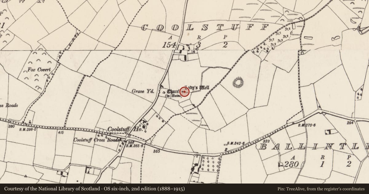 Ordnance Survey six-inch map, 2nd edition (1888–1915) covering the location of Ritual site - holy well, Coolstuff, County Wexford, with a pin at the register's coordinates