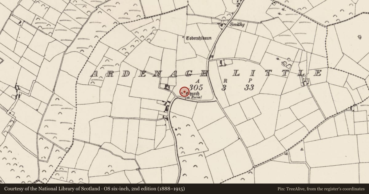 Ordnance Survey six-inch map, 2nd edition (1888–1915) covering the location of Church, Ardenagh Little, County Wexford, with a pin at the register's coordinates