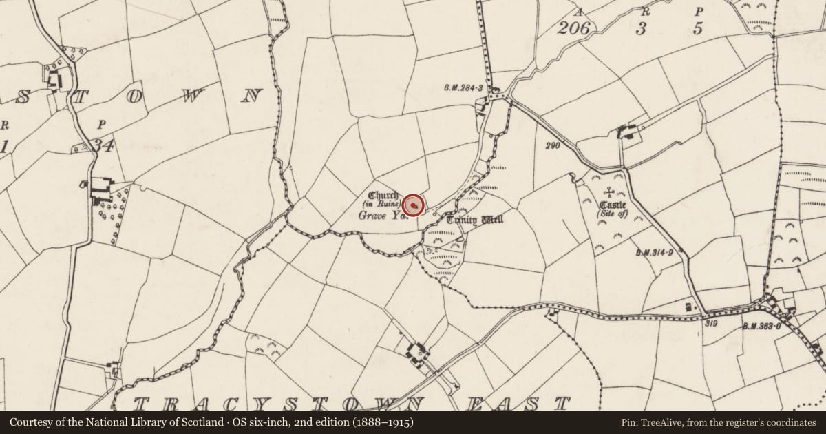 Ordnance Survey six-inch map, 2nd edition (1888–1915) covering the location of Church, Tincurra, County Wexford, with a pin at the register's coordinates