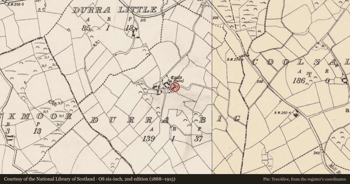 Ordnance Survey six-inch map, 2nd edition (1888–1915) covering the location of Bawn, Durra Big, County Wexford, with a pin at the register's coordinates