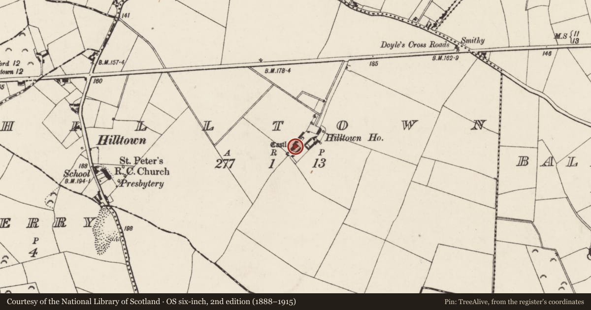 Ordnance Survey six-inch map, 2nd edition (1888–1915) covering the location of House - fortified house, Hilltown, County Wexford, with a pin at the register's coordinates
