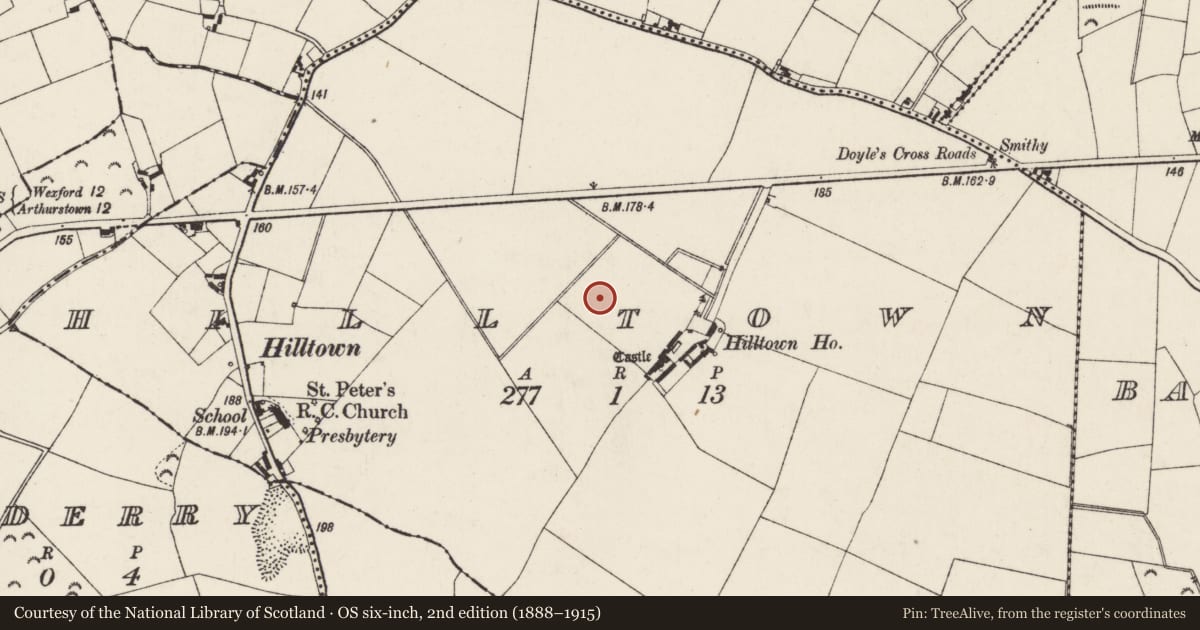 Ordnance Survey six-inch map, 2nd edition (1888–1915) covering the location of Field system, Hilltown, County Wexford, with a pin at the register's coordinates