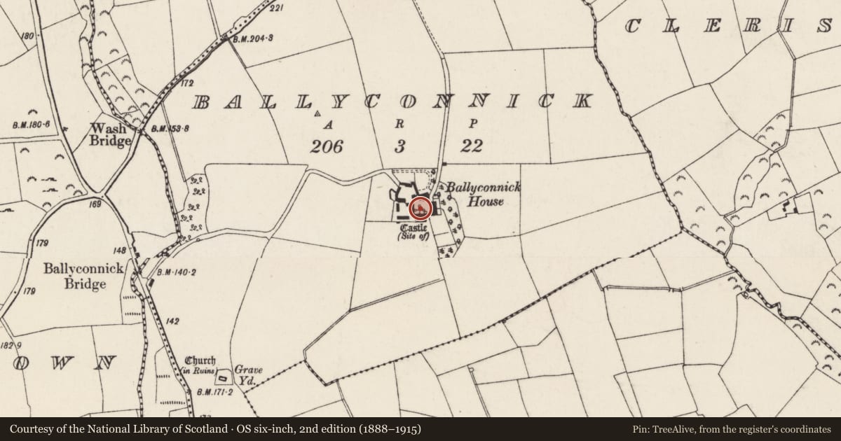 Ordnance Survey six-inch map, 2nd edition (1888–1915) covering the location of Castle - unclassified, Ballyconnick, County Wexford, with a pin at the register's coordinates