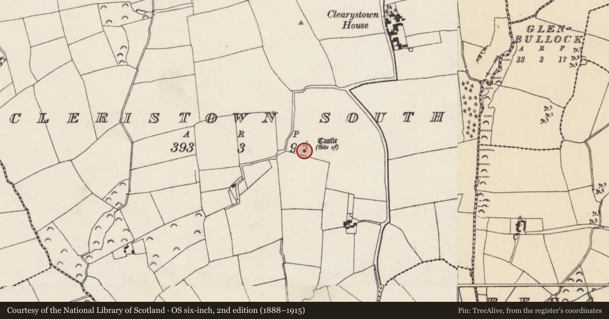 Ordnance Survey six-inch map, 2nd edition (1888–1915) covering the location of Church, Cleristown South, County Wexford, with a pin at the register's coordinates