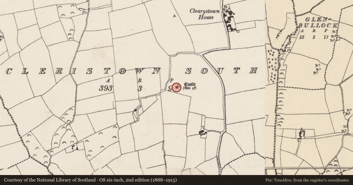 Ordnance Survey six-inch map, 2nd edition (1888–1915) covering the location of Church, Cleristown South, County Wexford, with a pin at the register's coordinates