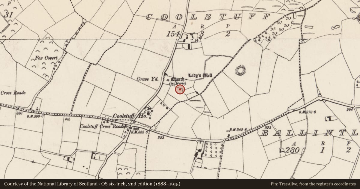 Ordnance Survey six-inch map, 2nd edition (1888–1915) covering the location of Burnt mound, Coolstuff, County Wexford, with a pin at the register's coordinates