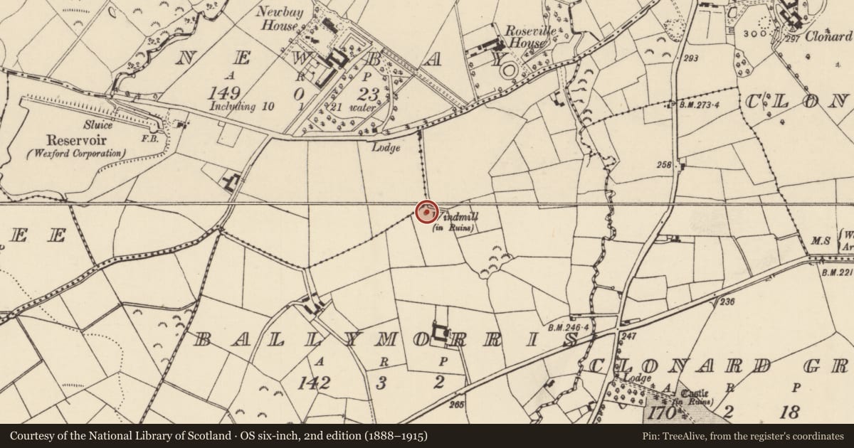 Ordnance Survey six-inch map, 2nd edition (1888–1915) covering the location of Windmill, Ballymorris, County Wexford, with a pin at the register's coordinates
