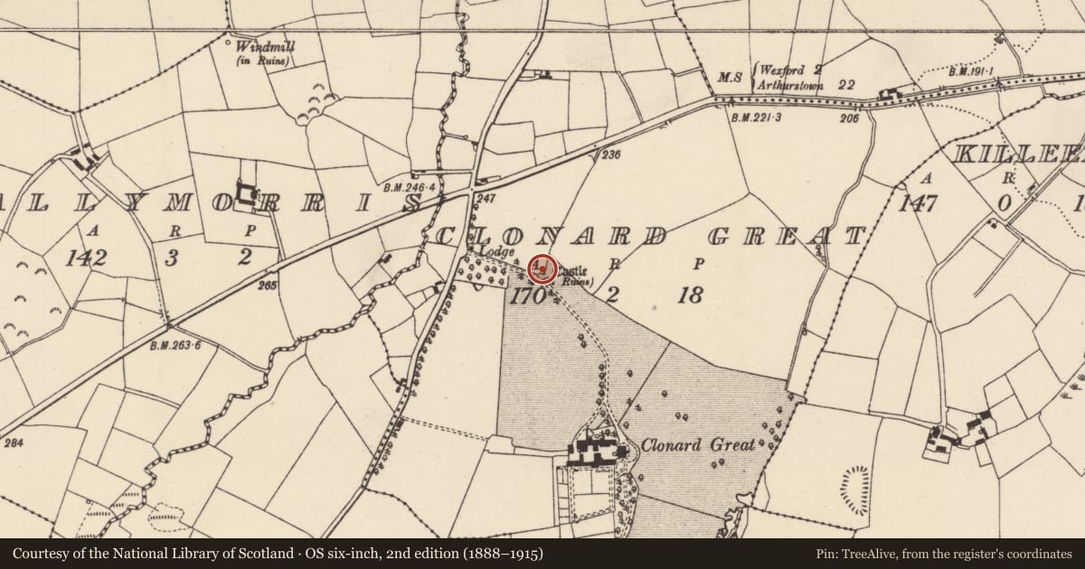 Ordnance Survey six-inch map, 2nd edition (1888–1915) covering the location of Castle - tower house, Clonard Great, County Wexford, with a pin at the register's coordinates