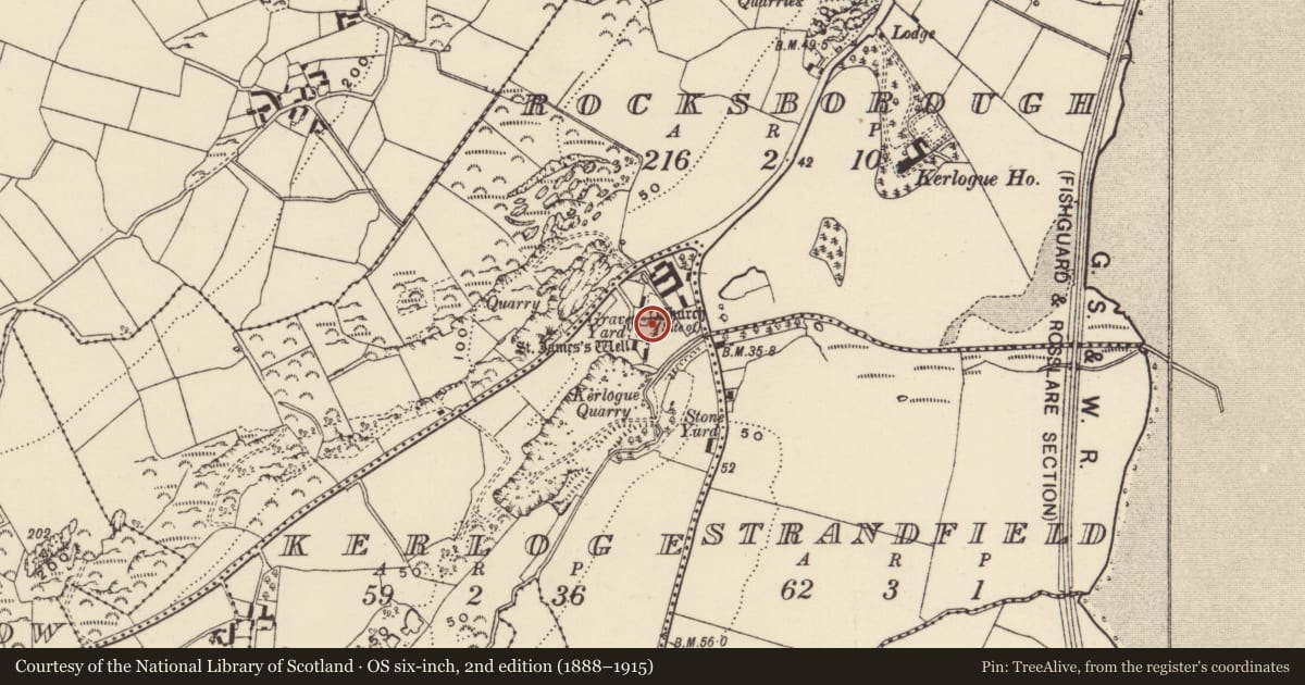 Ordnance Survey six-inch map, 2nd edition (1888–1915) covering the location of Church, Kerloge, County Wexford, with a pin at the register's coordinates