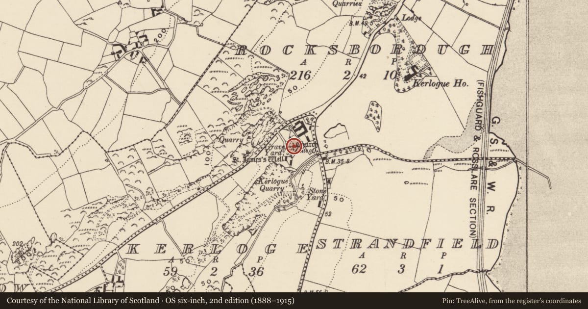 Ordnance Survey six-inch map, 2nd edition (1888–1915) covering the location of Graveyard, Kerloge, County Wexford, with a pin at the register's coordinates