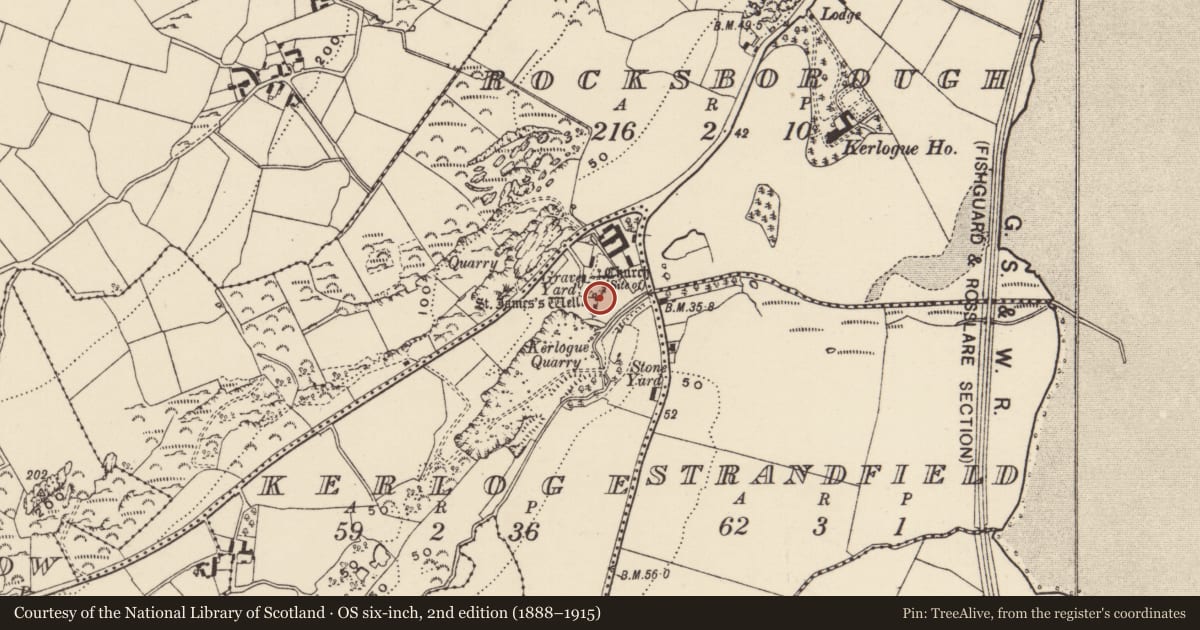 Ordnance Survey six-inch map, 2nd edition (1888–1915) covering the location of Ritual site - holy well, Kerloge, County Wexford, with a pin at the register's coordinates