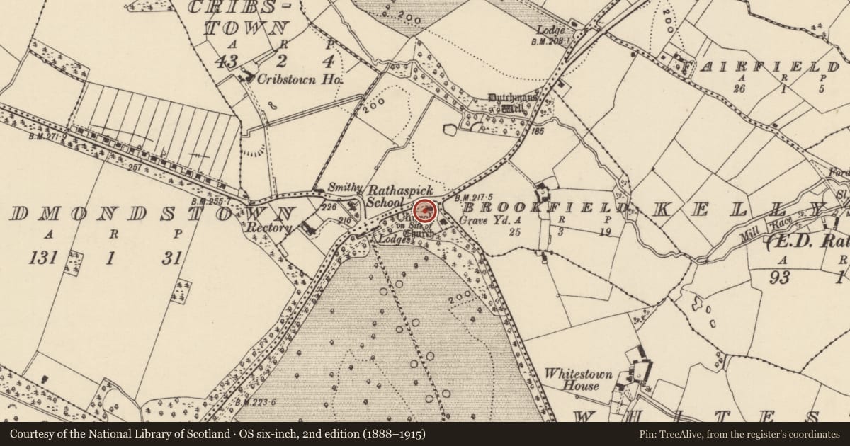 Ordnance Survey six-inch map, 2nd edition (1888–1915) covering the location of Font, Rathaspick, County Wexford, with a pin at the register's coordinates