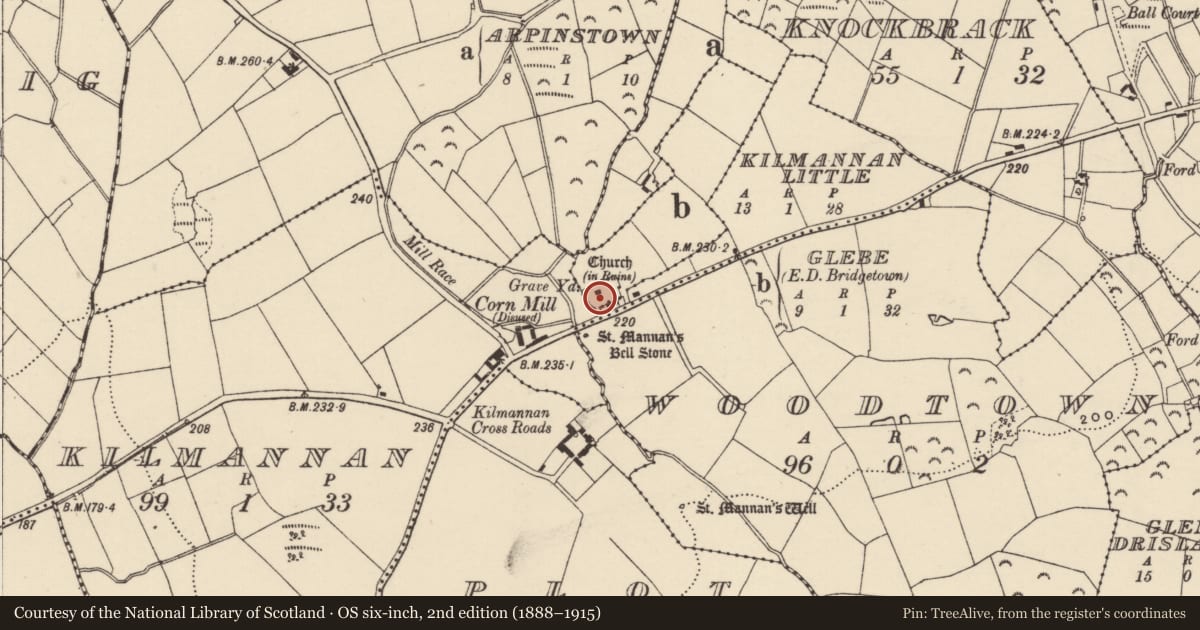 Ordnance Survey six-inch map, 2nd edition (1888–1915) covering the location of Cross, Glebe, County Wexford, with a pin at the register's coordinates
