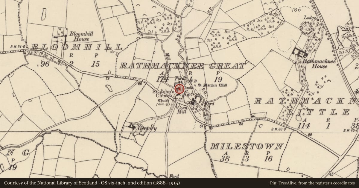 Ordnance Survey six-inch map, 2nd edition (1888–1915) covering the location of Castle - tower house, Rathmacknee Great, County Wexford, with a pin at the register's coordinates