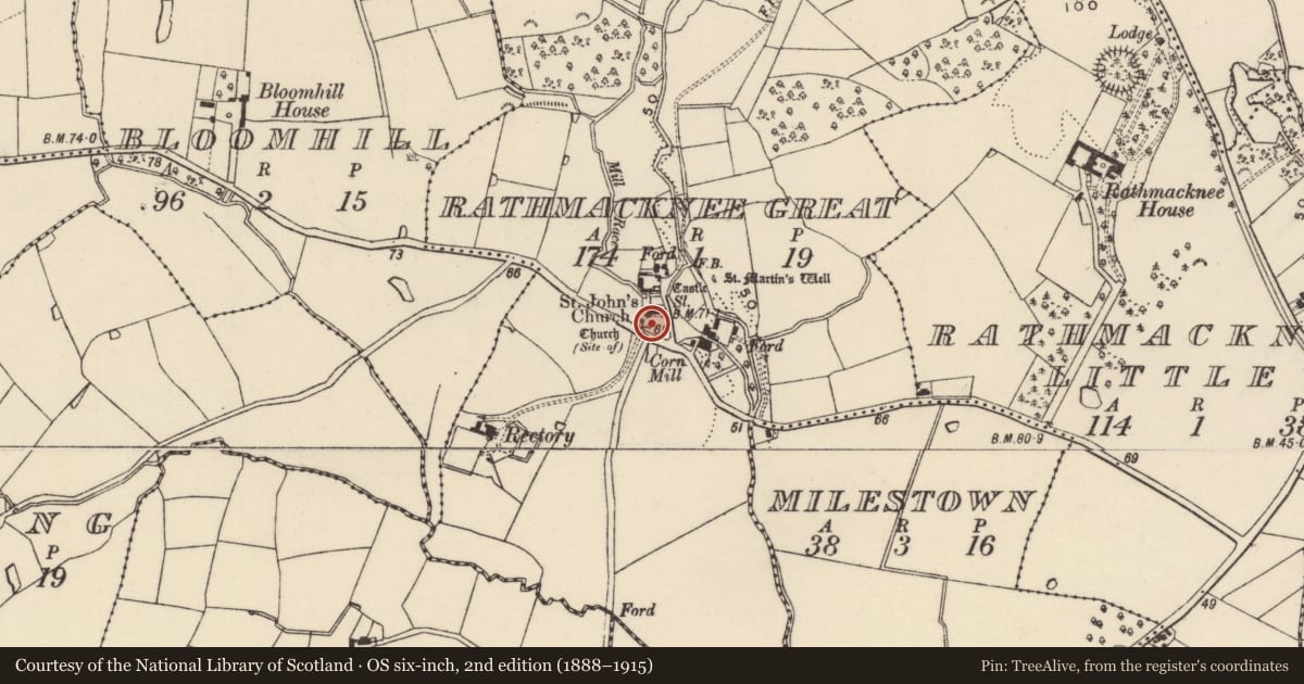 Ordnance Survey six-inch map, 2nd edition (1888–1915) covering the location of Church, Rathmacknee Great, County Wexford, with a pin at the register's coordinates