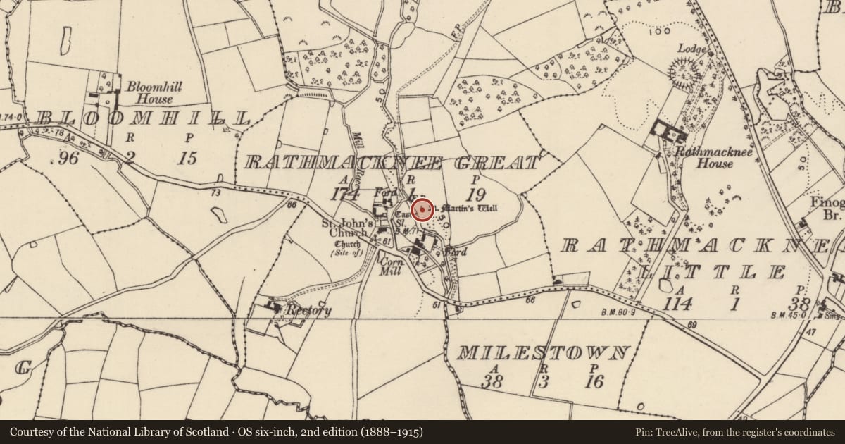 Ordnance Survey six-inch map, 2nd edition (1888–1915) covering the location of Ritual site - holy well, Rathmacknee Great, County Wexford, with a pin at the register's coordinates