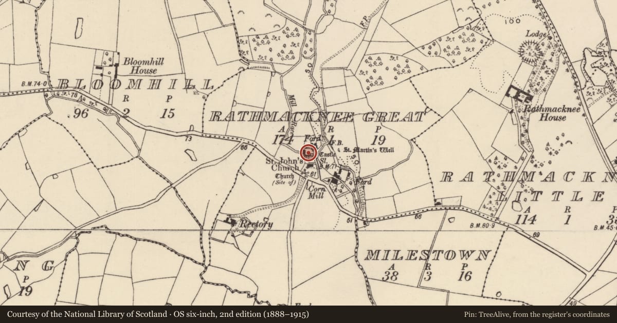 Ordnance Survey six-inch map, 2nd edition (1888–1915) covering the location of Enclosure, Rathmacknee Great, County Wexford, with a pin at the register's coordinates