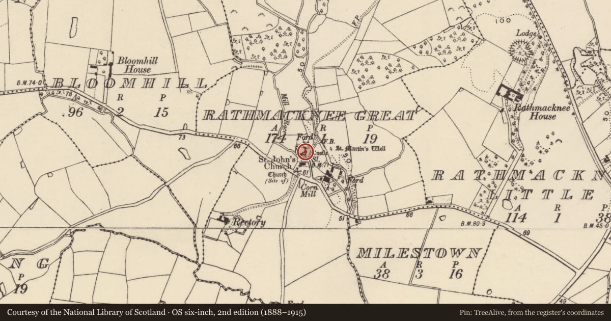 Ordnance Survey six-inch map, 2nd edition (1888–1915) covering the location of Gateway, Rathmacknee Great, County Wexford, with a pin at the register's coordinates