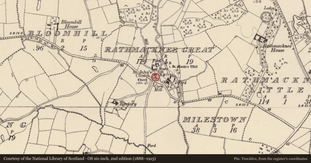 Ordnance Survey six-inch map, 2nd edition (1888–1915) covering the location of Graveslab, Rathmacknee Great, County Wexford, with a pin at the register's coordinates