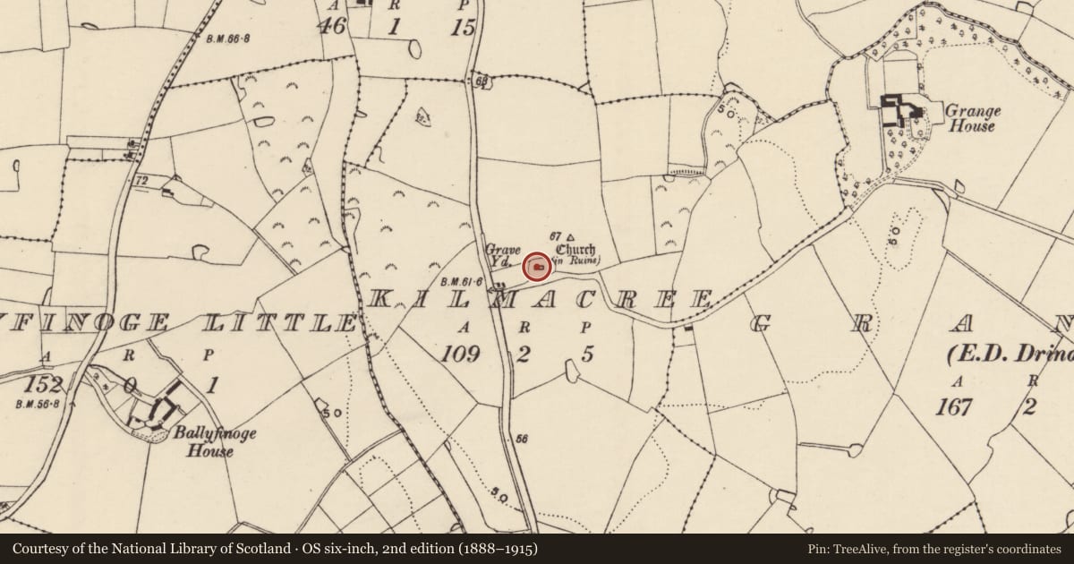 Ordnance Survey six-inch map, 2nd edition (1888–1915) covering the location of Graveyard, Kilmacree, County Wexford, with a pin at the register's coordinates