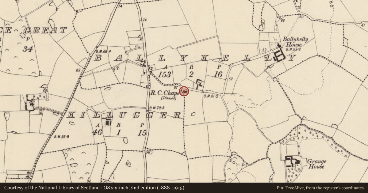 Ordnance Survey six-inch map, 2nd edition (1888–1915) covering the location of Church, Ballykelly, County Wexford, with a pin at the register's coordinates