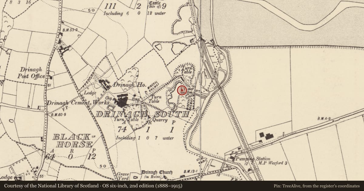 Ordnance Survey six-inch map, 2nd edition (1888–1915) covering the location of Windmill, Drinagh South, County Wexford, with a pin at the register's coordinates