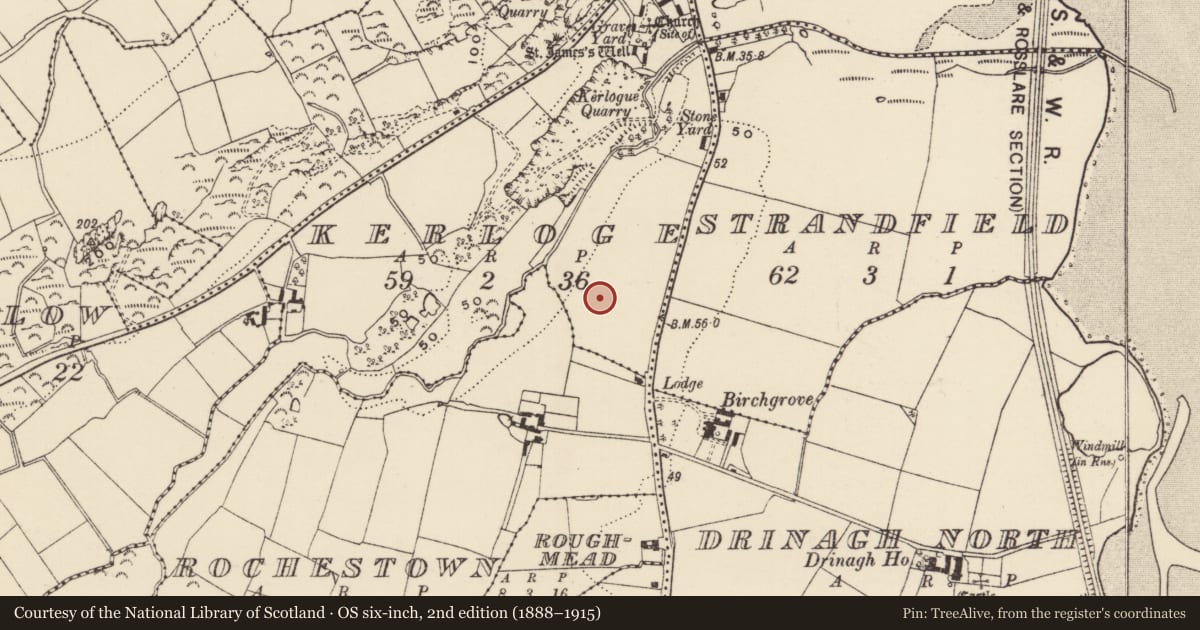 Ordnance Survey six-inch map, 2nd edition (1888–1915) covering the location of Excavation - miscellaneous, Kerloge, County Wexford, with a pin at the register's coordinates