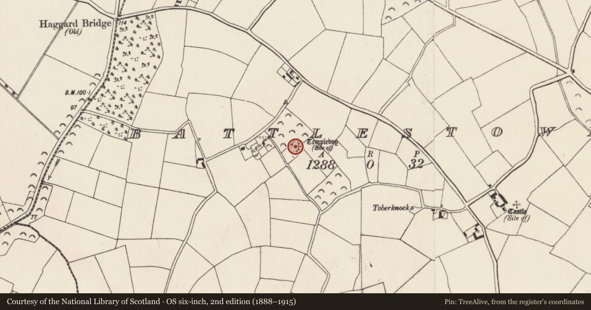 Ordnance Survey six-inch map, 2nd edition (1888–1915) covering the location of Enclosure, Battlestown, County Wexford, with a pin at the register's coordinates
