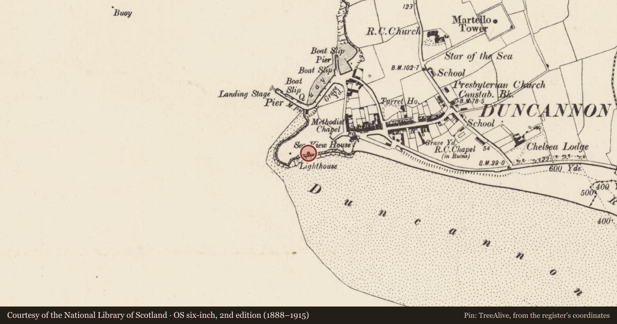 Ordnance Survey six-inch map, 2nd edition (1888–1915) covering the location of Church, Duncannon, County Wexford, with a pin at the register's coordinates