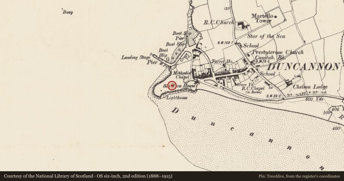 Ordnance Survey six-inch map, 2nd edition (1888–1915) covering the location of Castle - unclassified, Duncannon, County Wexford, with a pin at the register's coordinates