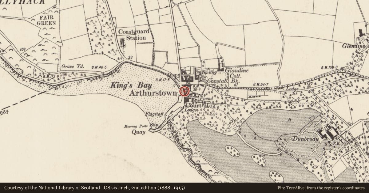 Ordnance Survey six-inch map, 2nd edition (1888–1915) covering the location of Stone sculpture, Coleman, County Wexford, with a pin at the register's coordinates