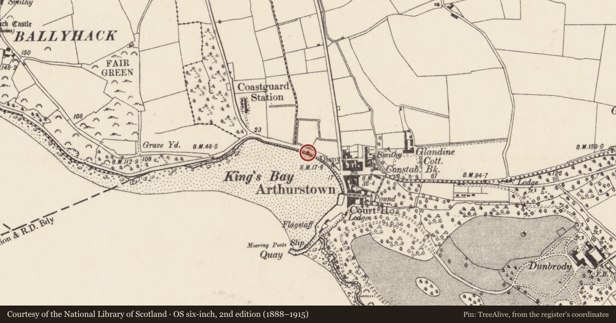 Ordnance Survey six-inch map, 2nd edition (1888–1915) covering the location of Tomb - effigial, Coleman, County Wexford, with a pin at the register's coordinates