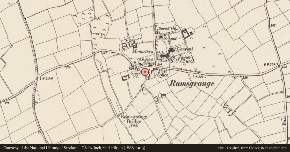 Ordnance Survey six-inch map, 2nd edition (1888–1915) covering the location of Church, Ramsgrange, County Wexford, with a pin at the register's coordinates
