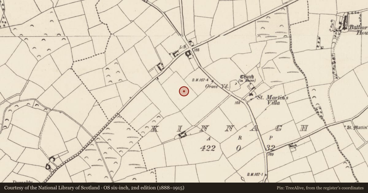 Ordnance Survey six-inch map, 2nd edition (1888–1915) covering the location of Ringfort - rath, Kinnagh, County Wexford, with a pin at the register's coordinates