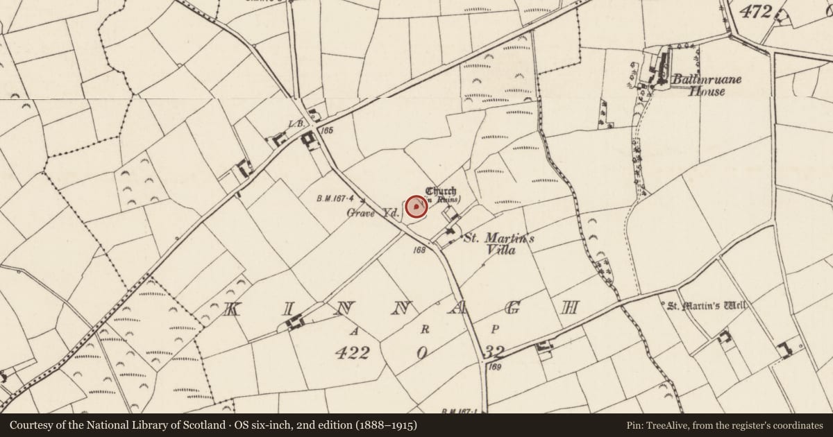 Ordnance Survey six-inch map, 2nd edition (1888–1915) covering the location of Church, Kinnagh, County Wexford, with a pin at the register's coordinates