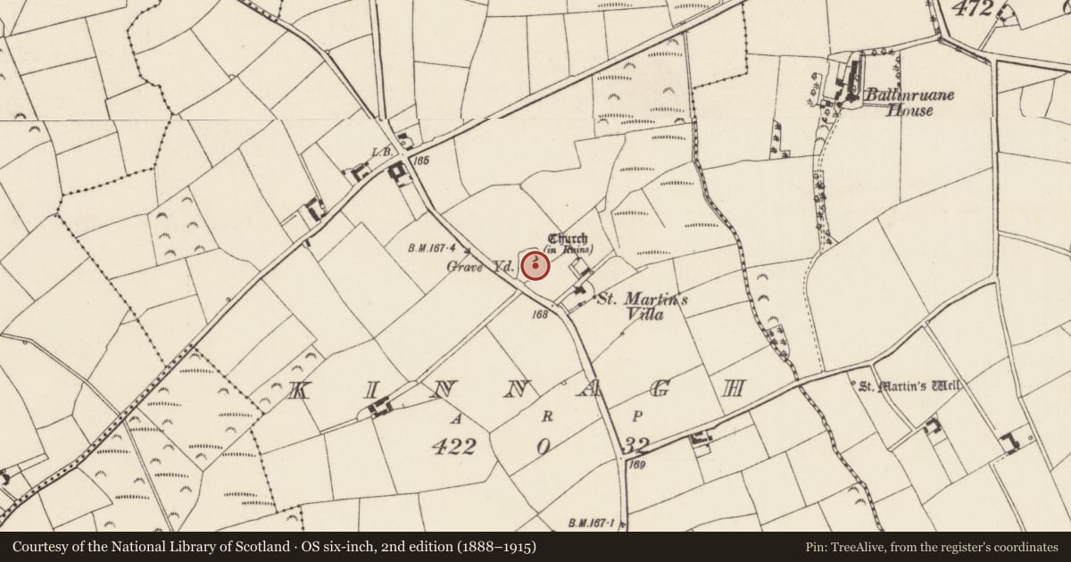 Ordnance Survey six-inch map, 2nd edition (1888–1915) covering the location of Graveyard, Kinnagh, County Wexford, with a pin at the register's coordinates