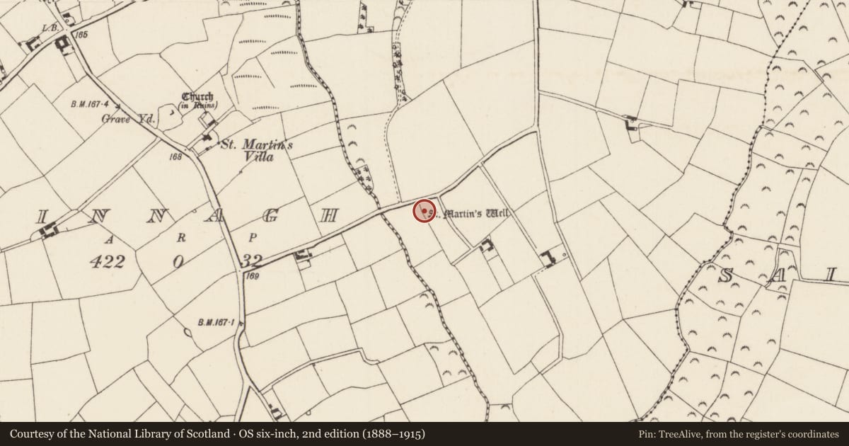 Ordnance Survey six-inch map, 2nd edition (1888–1915) covering the location of Ritual site - holy well, Ballinruane, County Wexford, with a pin at the register's coordinates