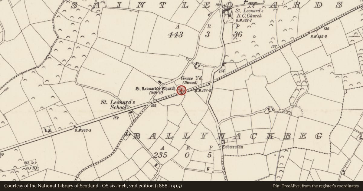 Ordnance Survey six-inch map, 2nd edition (1888–1915) covering the location of Graveyard, Saintleonards, County Wexford, with a pin at the register's coordinates