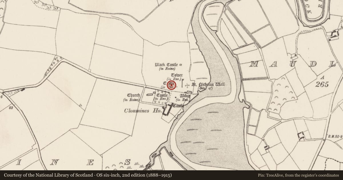 Ordnance Survey six-inch map, 2nd edition (1888–1915) covering the location of Historic town, Clonmines, County Wexford, with a pin at the register's coordinates