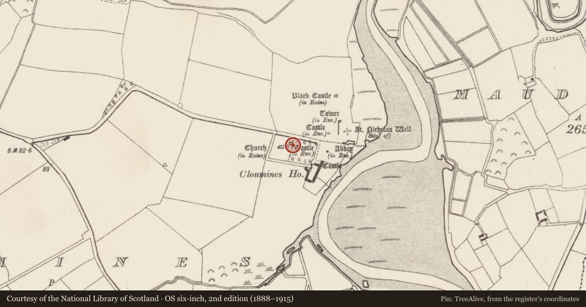 Ordnance Survey six-inch map, 2nd edition (1888–1915) covering the location of Church, Clonmines, County Wexford, with a pin at the register's coordinates